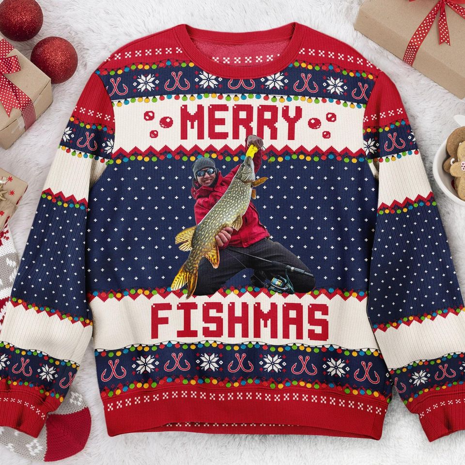 Personalized 'Merry Fishmas' Ugly Christmas Sweater: Fishing Gift