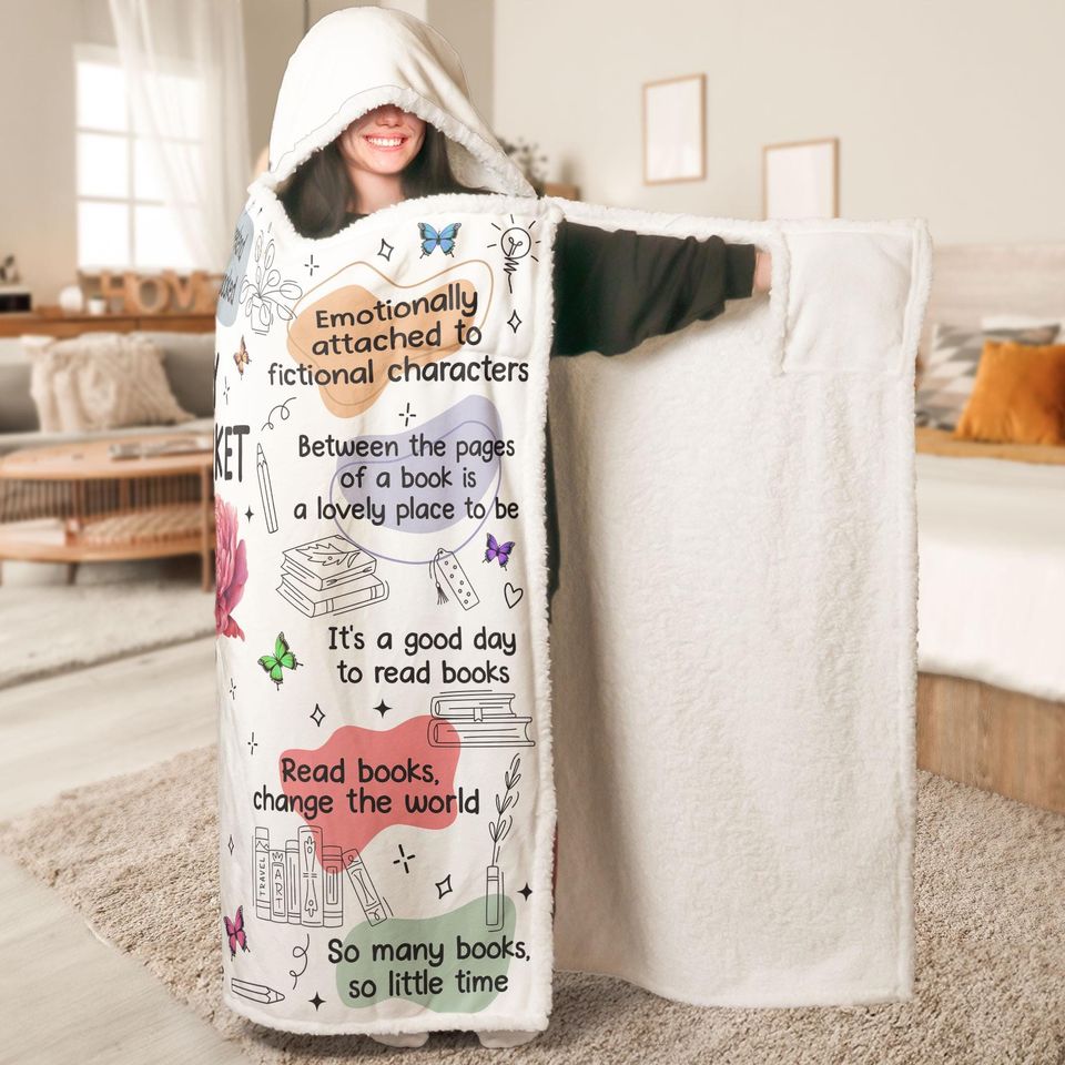 Birth Flower Book Lovers, Books Quotes, Personalized Wearable Blanket Hoodie, Gift for Book Lover, Birth Month Flower Blanket