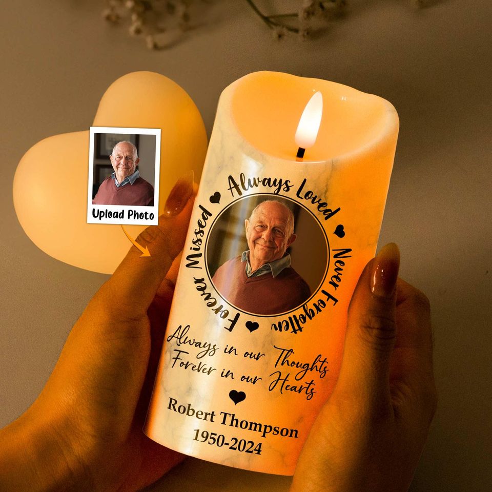 Always Loved, Never Forgotten, Forever Missed - Memorial Personalized Photo LED Candle, Custom Picture Led Candle, Remembrance Gifts
