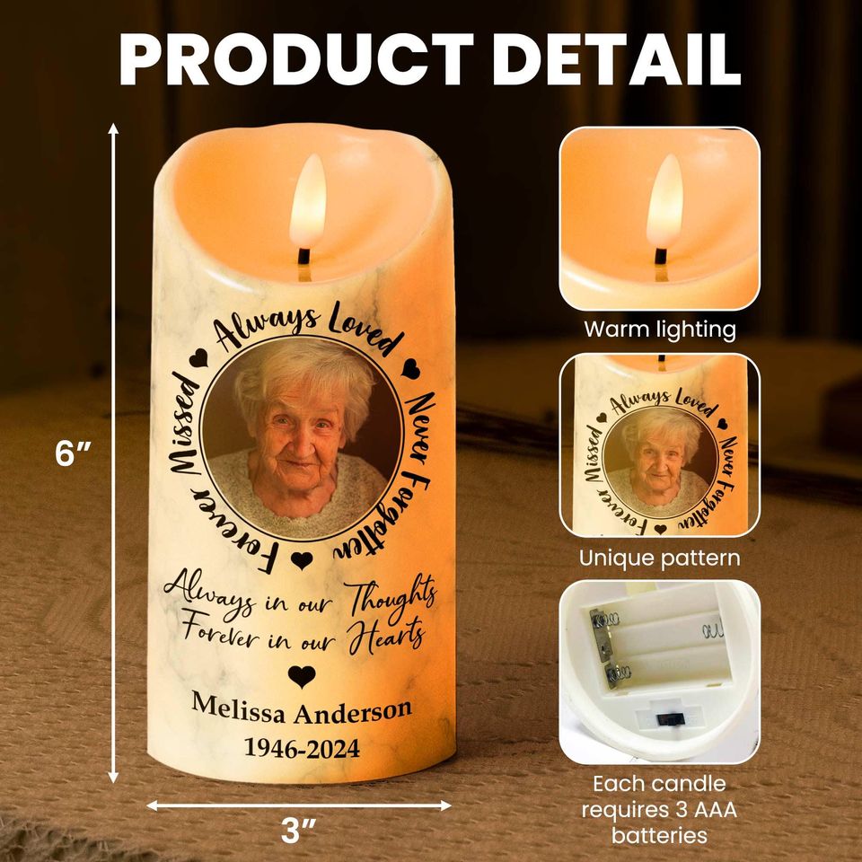 Always Loved, Never Forgotten, Forever Missed - Memorial Personalized Photo LED Candle, Custom Picture Led Candle, Remembrance Gifts