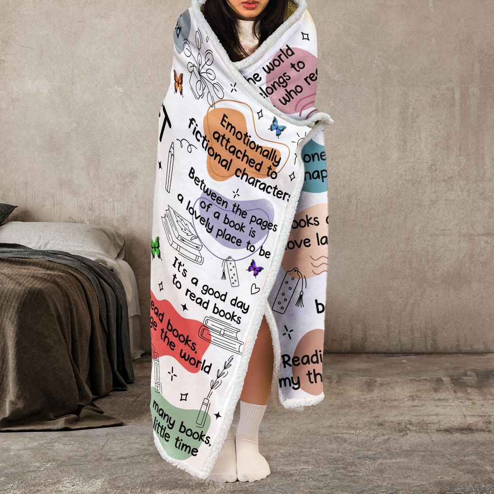 Birth Flower Book Lovers, Books Quotes, Personalized Wearable Blanket Hoodie, Gift for Book Lover, Birth Month Flower Blanket