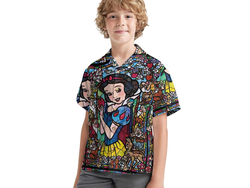 Stained Glass Snow White  Hawaiian Shirt, Retro Snow White & The Seven Dwarfs Floral Button Up Shirt, Magic Kingdom Disney Princess Shirt