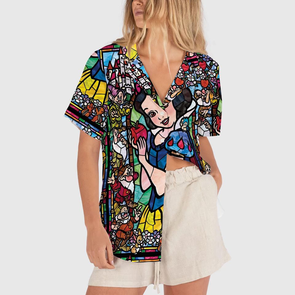 Stained Glass Snow White  Hawaiian Shirt, Retro Snow White & The Seven Dwarfs Floral Button Up Shirt, Magic Kingdom Disney Princess Shirt