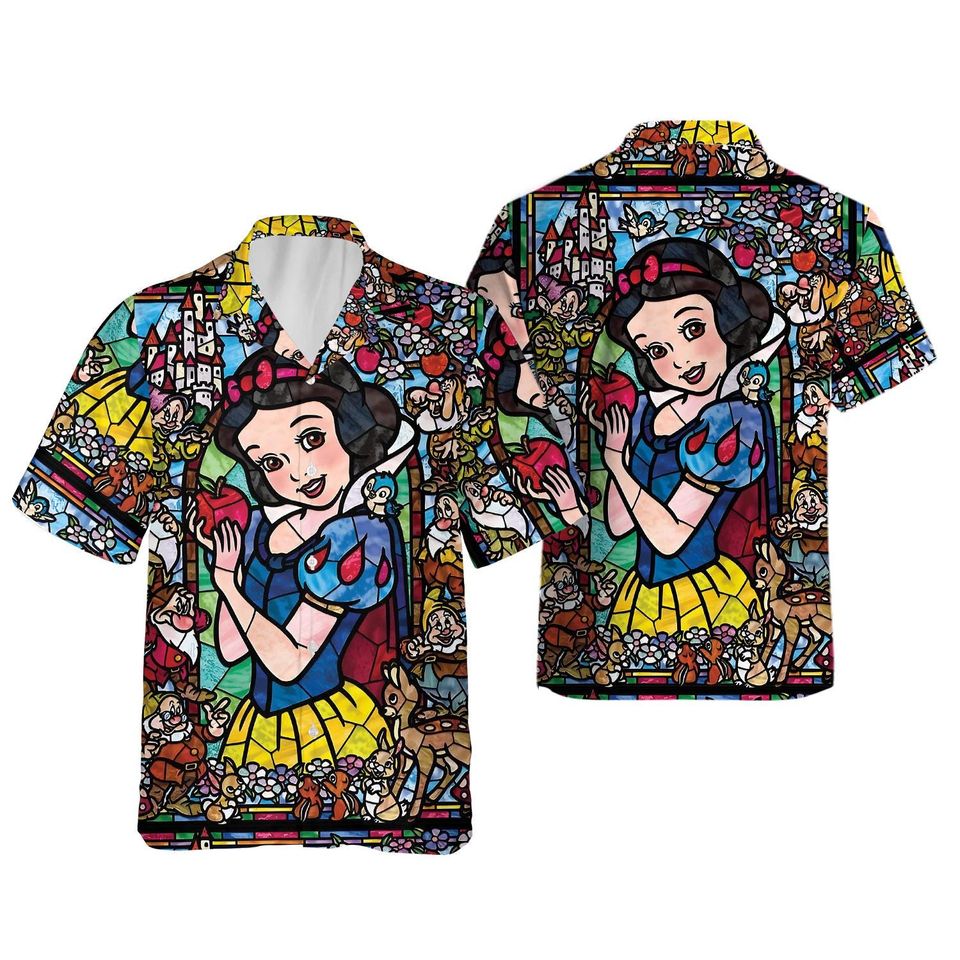 Stained Glass Snow White  Hawaiian Shirt, Retro Snow White & The Seven Dwarfs Floral Button Up Shirt, Magic Kingdom Disney Princess Shirt