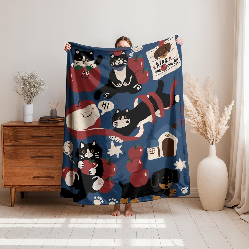 Cute Cartoon Fleece Blanket for Cats, Soft Flannel Warm Throw for Sofa and Bedroom Decor