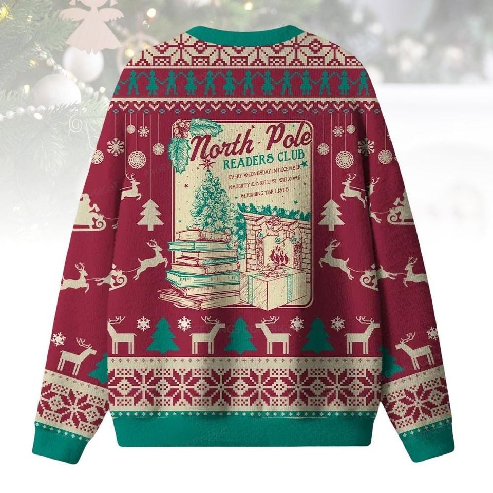 North Pole Readers Club Christmas Ugly Sweater, Reindeer Holiday Sweater