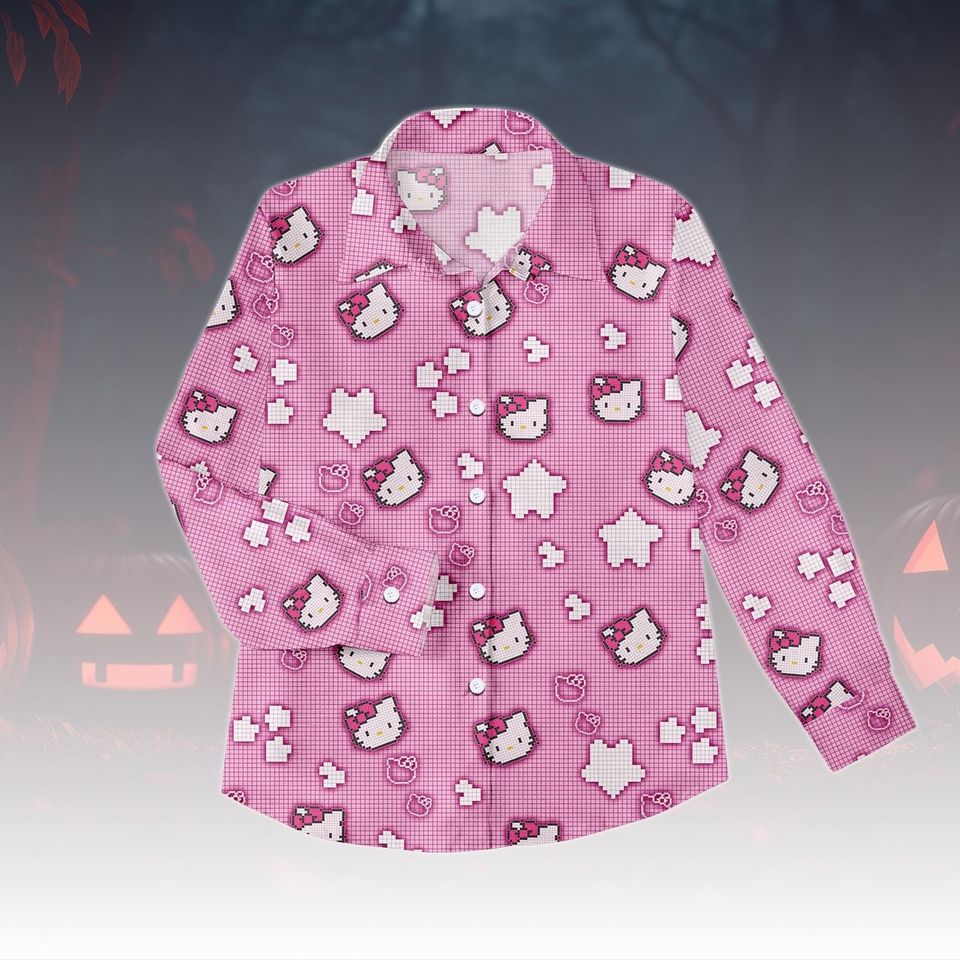 Hello Kitty Blouse Shirt, Cute Kawaii Kitty Top Women, Pink Cartoon Blouse, Casual Kitty Outfit, Aesthetic Kitty Shirt, Kitty Cat Shirt