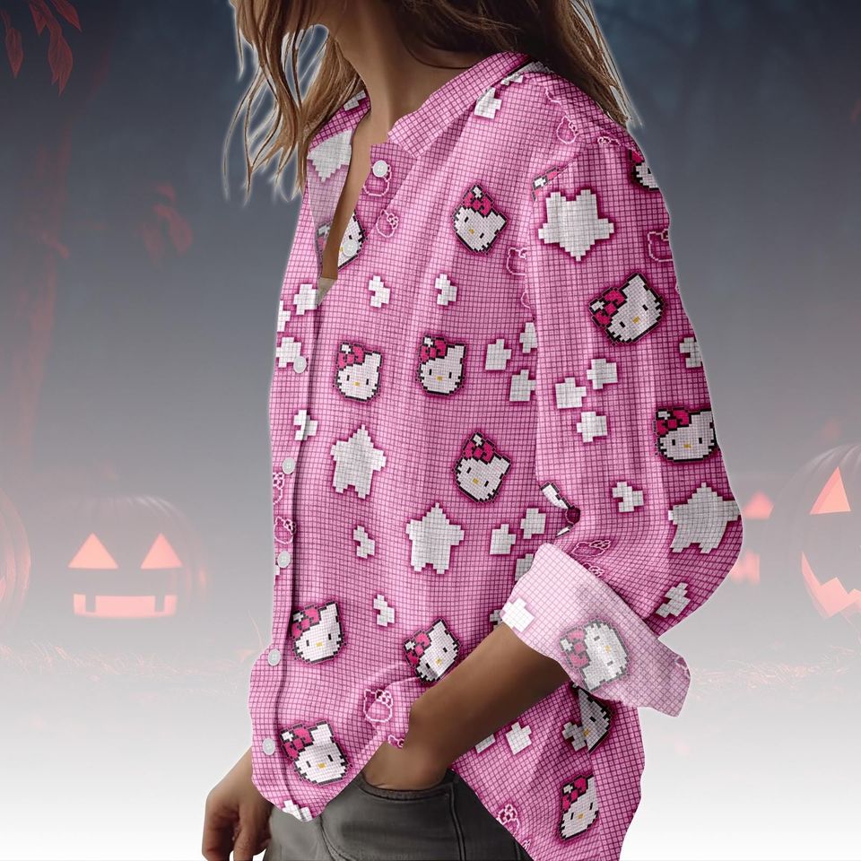 Hello Kitty Blouse Shirt, Cute Kawaii Kitty Top Women, Pink Cartoon Blouse, Casual Kitty Outfit, Aesthetic Kitty Shirt, Kitty Cat Shirt