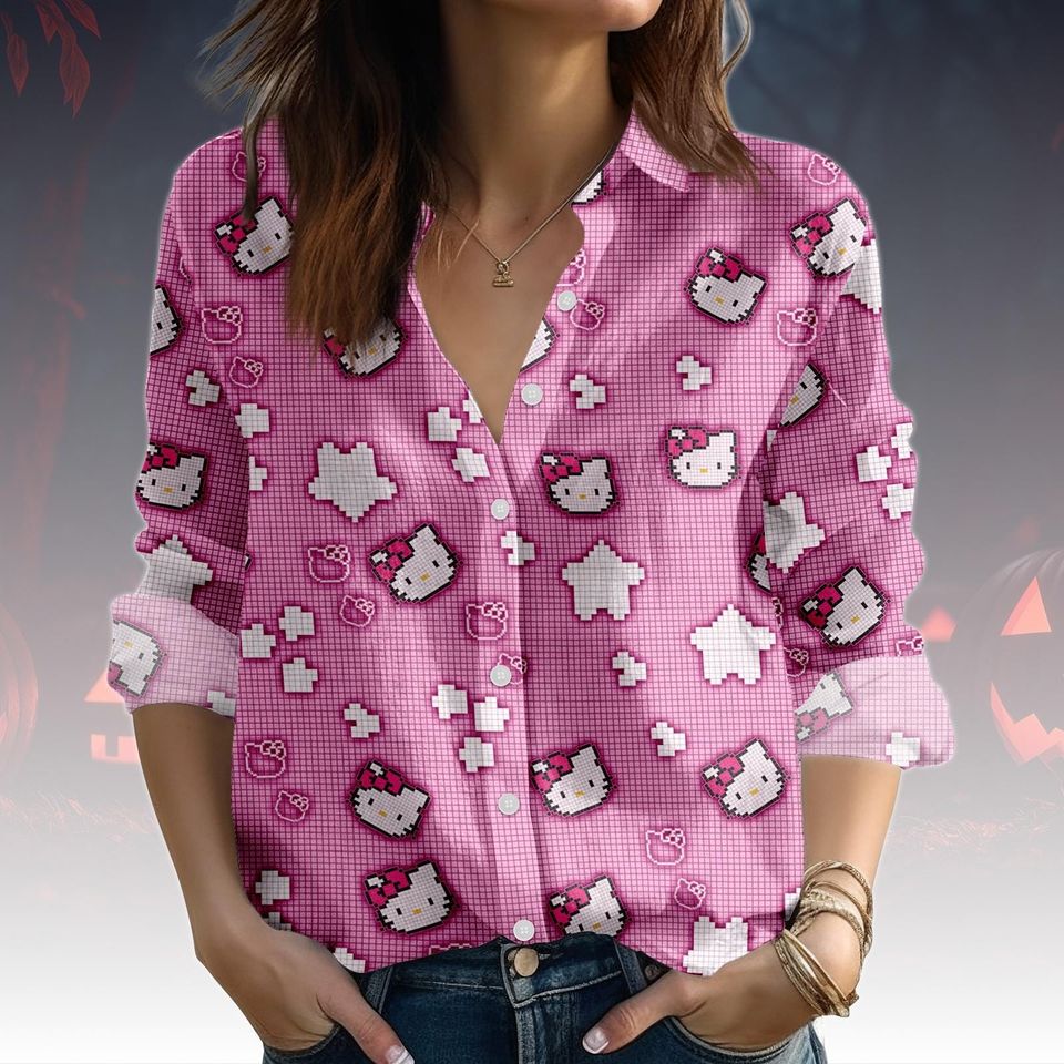 Hello Kitty Blouse Shirt, Cute Kawaii Kitty Top Women, Pink Cartoon Blouse, Casual Kitty Outfit, Aesthetic Kitty Shirt, Kitty Cat Shirt