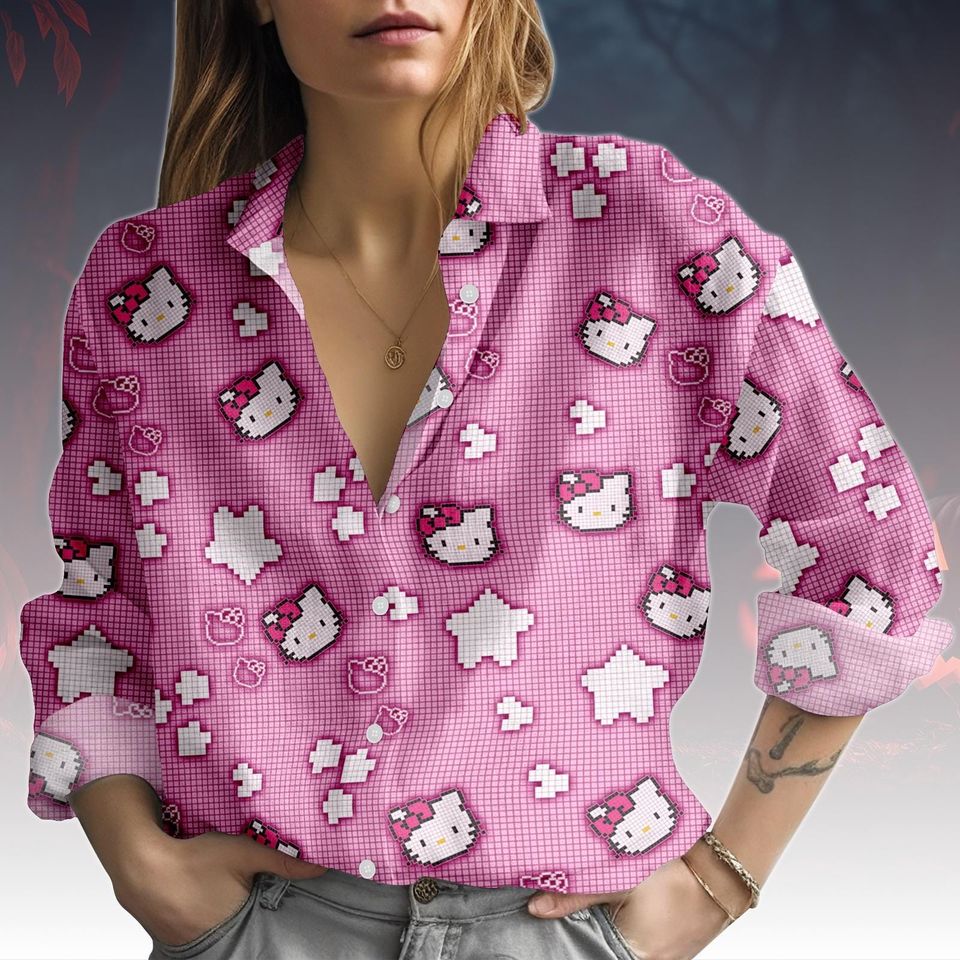 Hello Kitty Blouse Shirt, Cute Kawaii Kitty Top Women, Pink Cartoon Blouse, Casual Kitty Outfit, Aesthetic Kitty Shirt, Kitty Cat Shirt