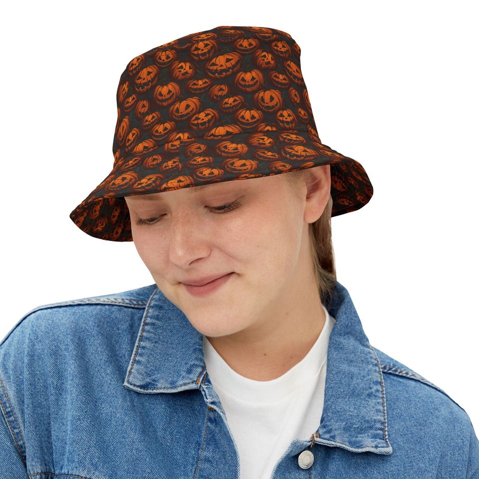 Black Orange Pumpkins Bucket Hat Gift Pumpkin Halloween Bucket Hat