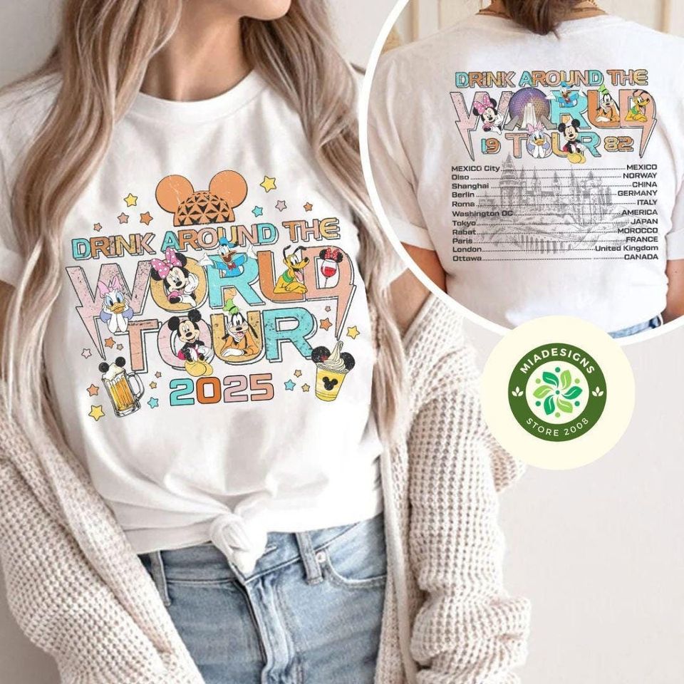 Two-sided Mickey & Friends Drinking around the World Tour Disney Epcot Shirt, Epcot Center Drinking Team Family Trip 2025, Epcot World Tour