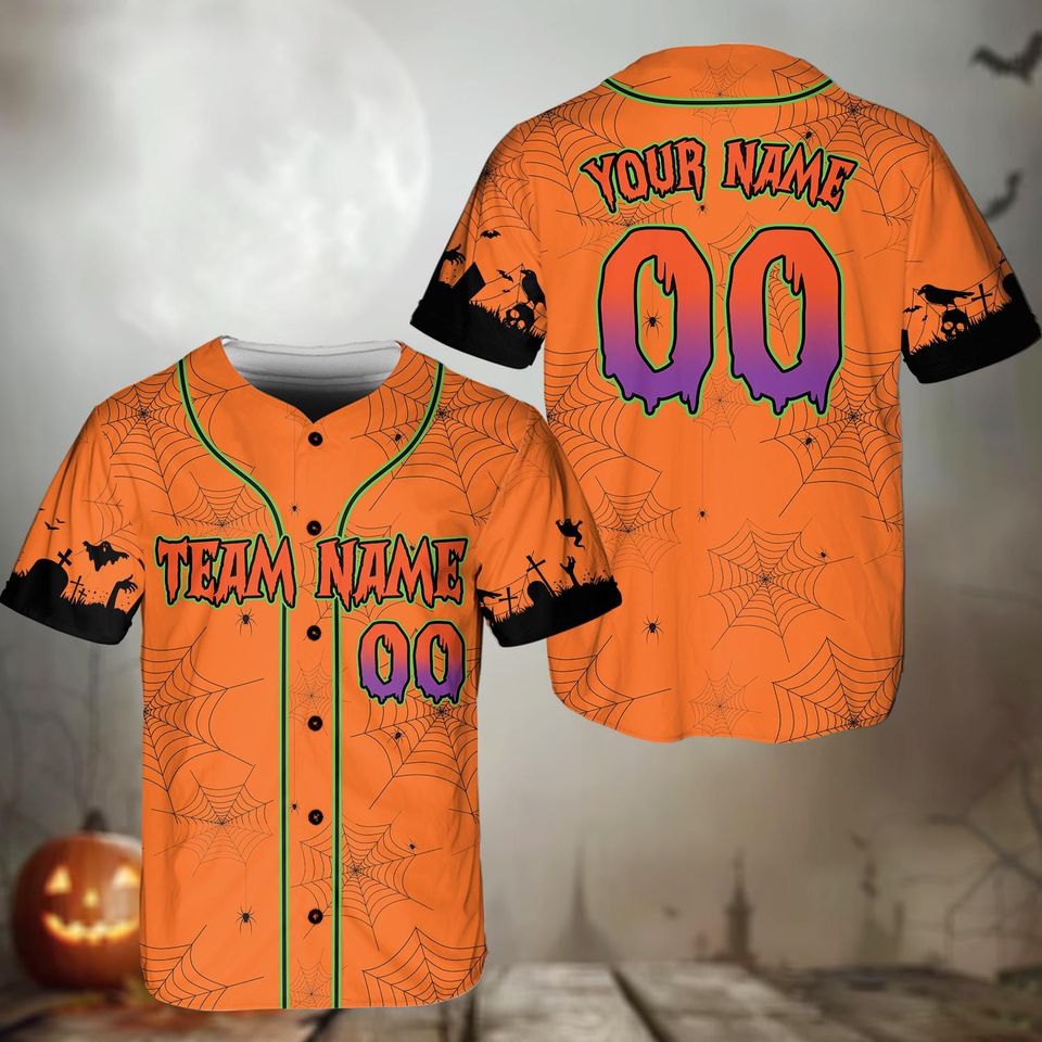 Halloween Baseball Jersey with Pumpkin & Spiderweb - Custom Name Team Uniform