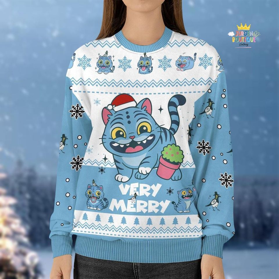 Cute Blue Derpy Tiger Costume Ugly Sweater, Demon Hunter Tiger Cosplay Outfit