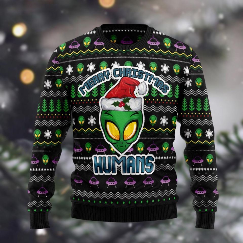 Alien Xenomorph Christmas Ugly Sweater, Merry Christmas Humans Sweater