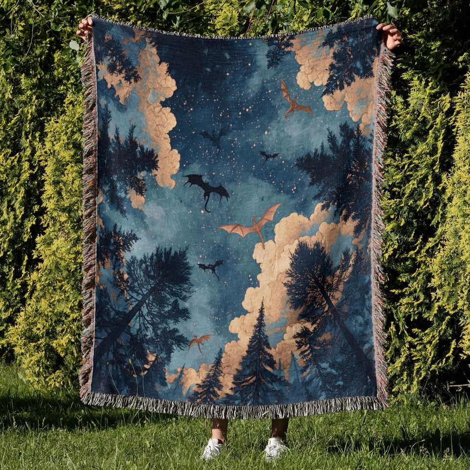 Dragons Woven Blanket: Enchanted Night Sky Cotton Throw