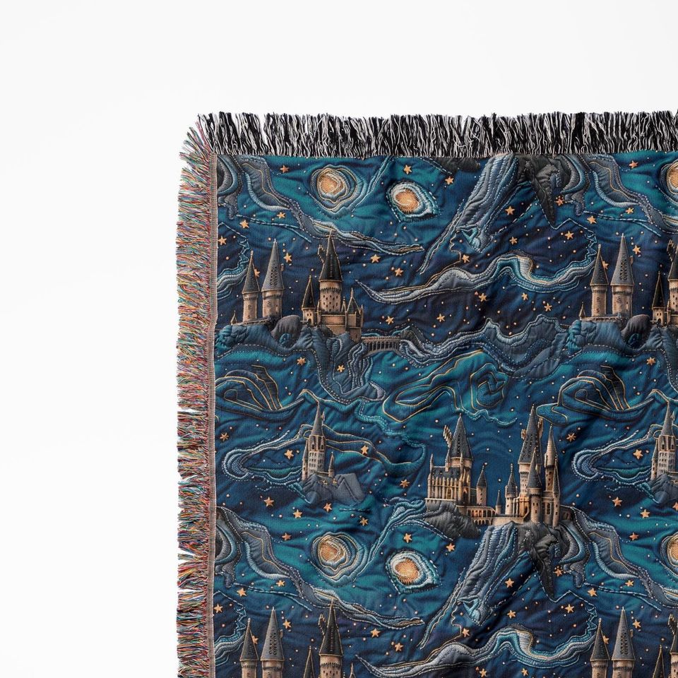 Wizard Castle Woven Throw Blanket: Starry Night Fantasy Decor