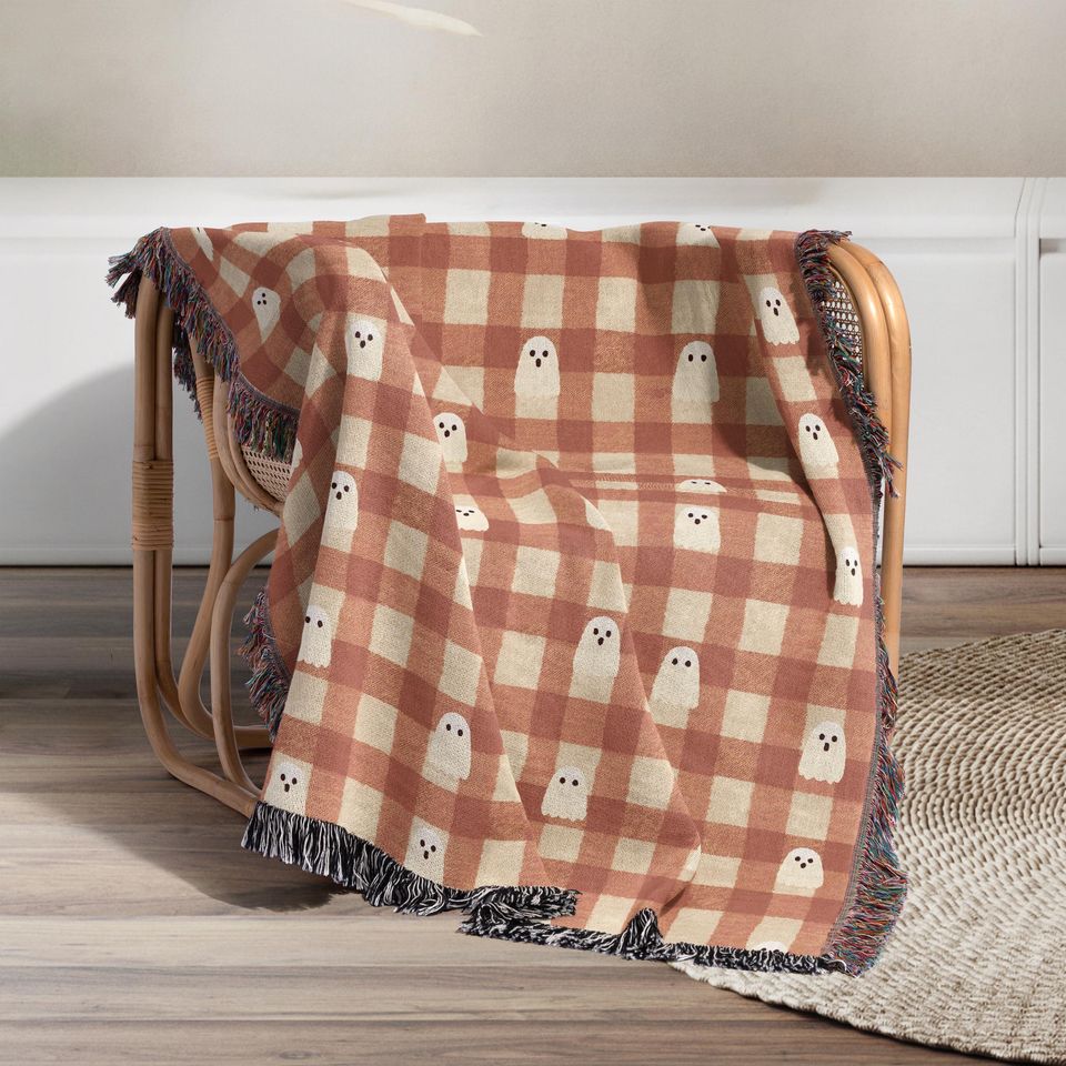 Gingham Ghost Woven Blanket: Halloween Fall Couch Throw with Fringe