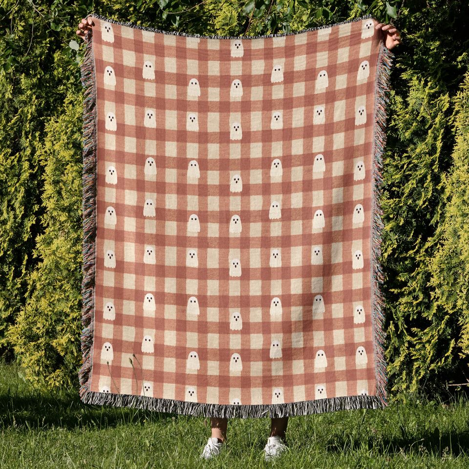 Gingham Ghost Woven Blanket: Halloween Fall Couch Throw with Fringe
