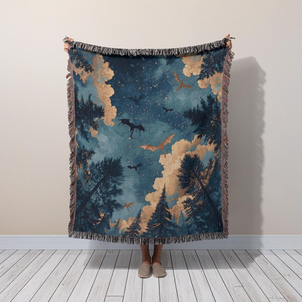 Dragons Woven Blanket: Enchanted Night Sky Cotton Throw
