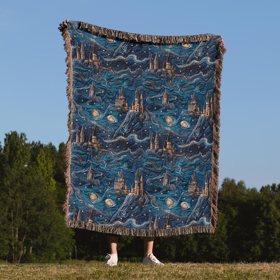 Wizard Castle Woven Throw Blanket: Starry Night Fantasy Decor