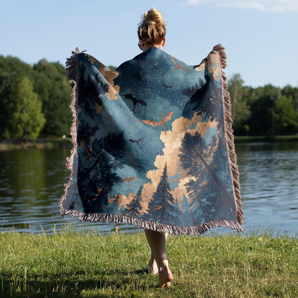 Dragons Woven Blanket: Enchanted Night Sky Cotton Throw