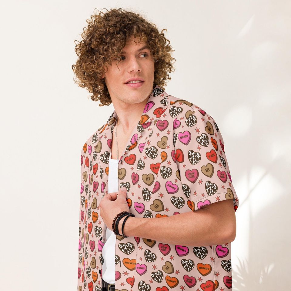 Howdy Valentine's Day Unisex Button Up Shirt, Valentine's Day Hearts Shirt, Valentine's Day Hawaiian Shirt