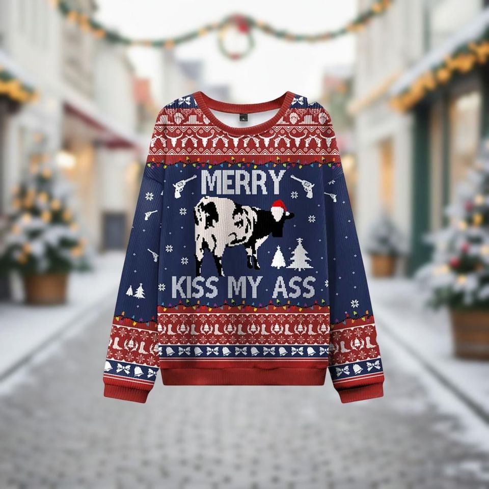 Cow Ugly Christmas Sweater, Funny Merry Xmas Sweater, Novelty Ugly Sweater, Farm Animal Sweater, Christmas Gift