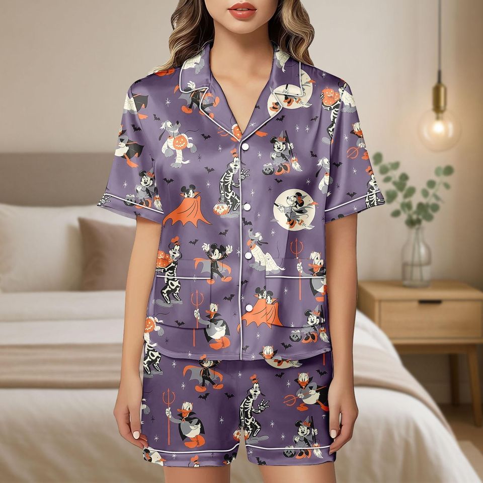 Halloween Mickey And Friends Short Pajamas, Mickey Mouse Pajamas Women, Disneyland Pajamas Set, Mickey Pluto Skeleton Pajamas