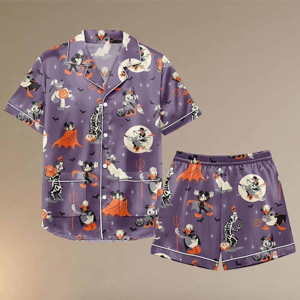 Halloween Mickey And Friends Short Pajamas, Mickey Mouse Pajamas Women, Disneyland Pajamas Set, Mickey Pluto Skeleton Pajamas