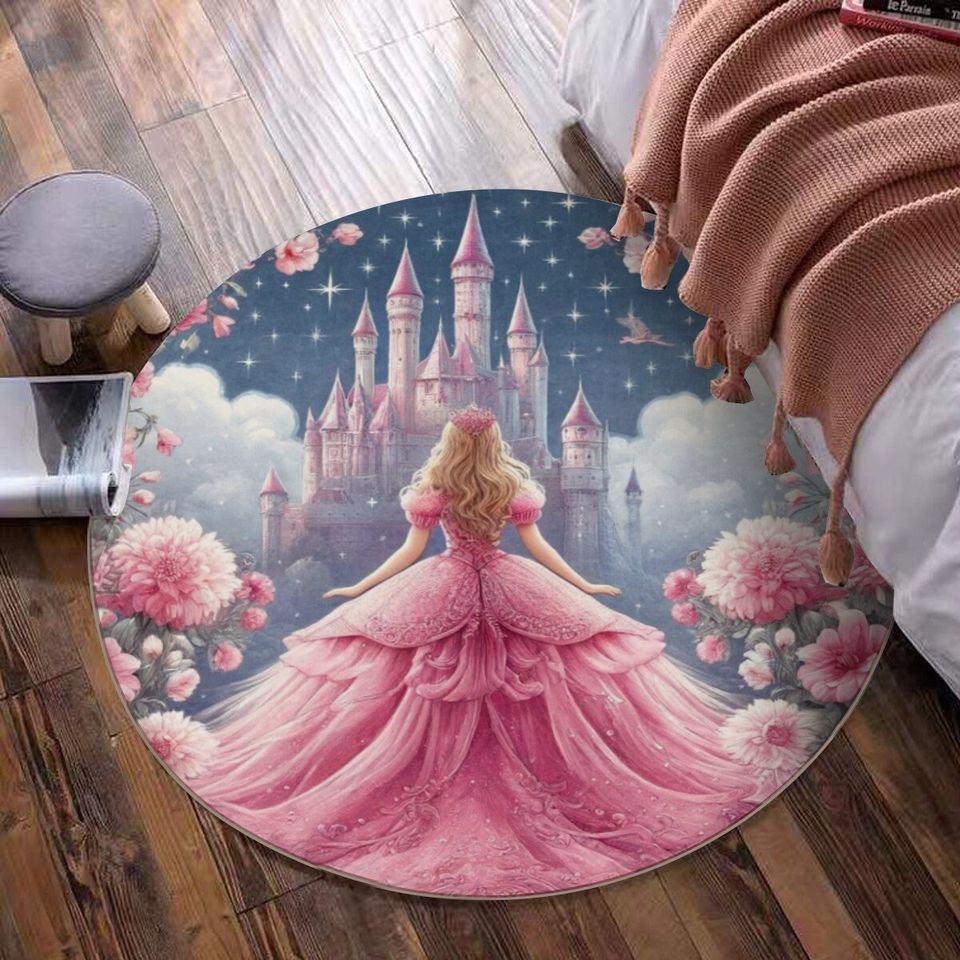 Princess Castle Round Floor Pad| Round Kids Rug | Non Slip Floor Mat | Nursery Rug