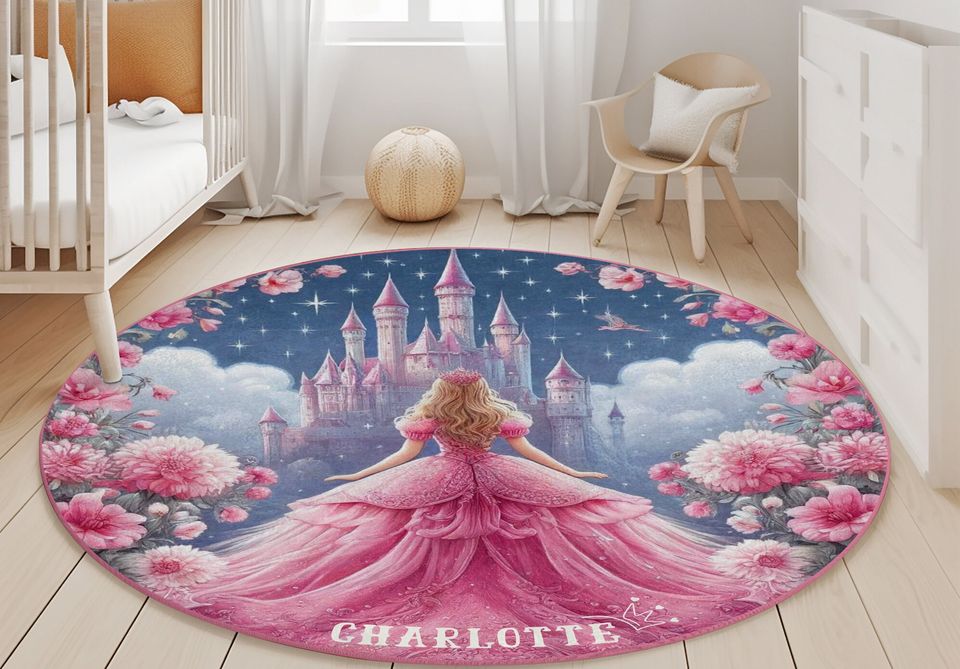 Princess Castle Round Floor Pad| Round Kids Rug | Non Slip Floor Mat | Nursery Rug
