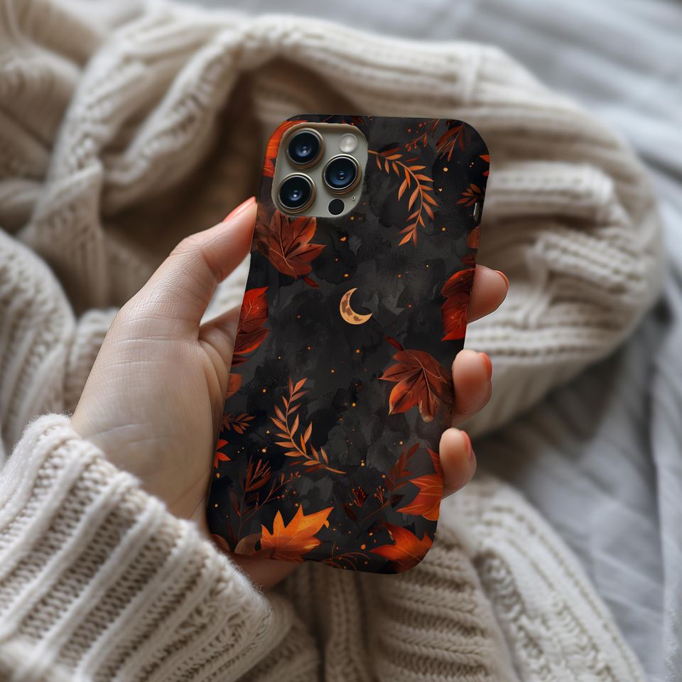Dark Fall Moon Goth Halloween Phone Case, Autumn Leaves, Crescent, iPhone 16 15 14 13 12 11 Pro Max 8 Plus, Samsung Galaxy S23 S22 S20 Ultra