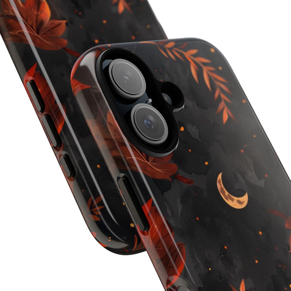 Dark Fall Moon Goth Halloween Phone Case, Autumn Leaves, Crescent, iPhone 16 15 14 13 12 11 Pro Max 8 Plus, Samsung Galaxy S23 S22 S20 Ultra