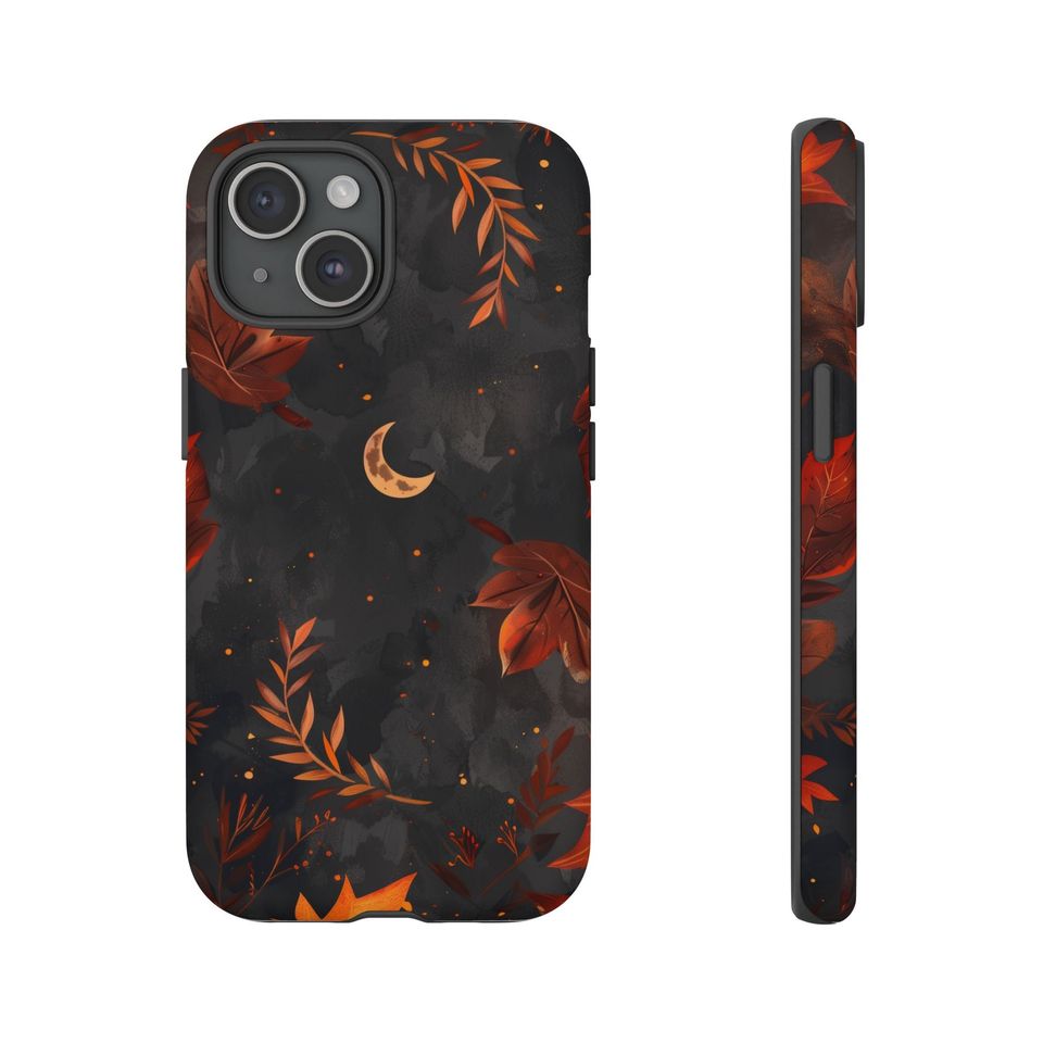 Dark Fall Moon Goth Halloween Phone Case, Autumn Leaves, Crescent, iPhone 16 15 14 13 12 11 Pro Max 8 Plus, Samsung Galaxy S23 S22 S20 Ultra