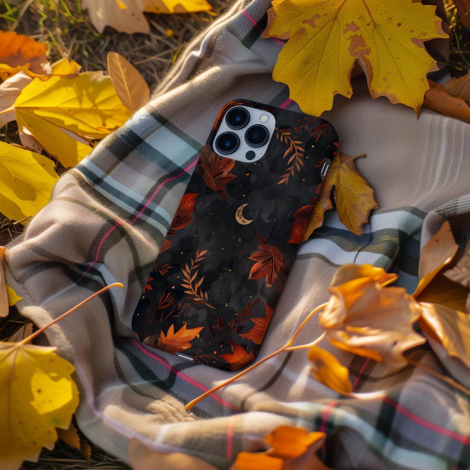 Dark Fall Moon Goth Halloween Phone Case, Autumn Leaves, Crescent, iPhone 16 15 14 13 12 11 Pro Max 8 Plus, Samsung Galaxy S23 S22 S20 Ultra
