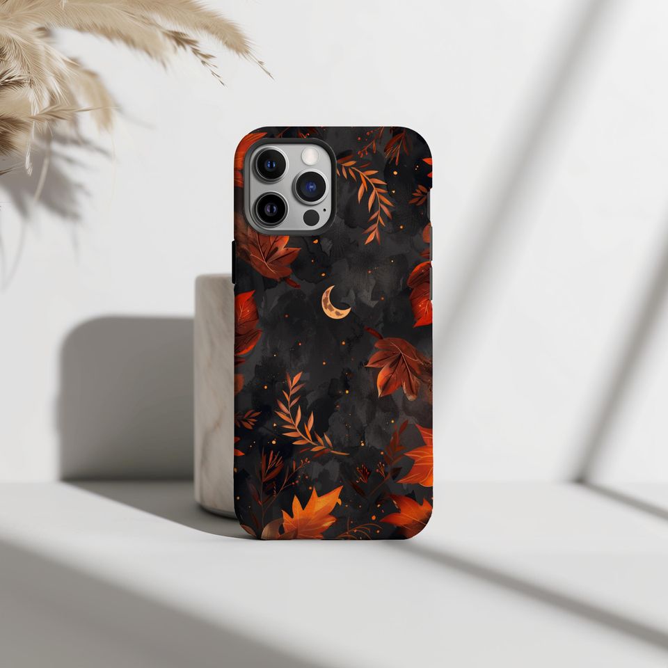Dark Fall Moon Goth Halloween Phone Case, Autumn Leaves, Crescent, iPhone 16 15 14 13 12 11 Pro Max 8 Plus, Samsung Galaxy S23 S22 S20 Ultra
