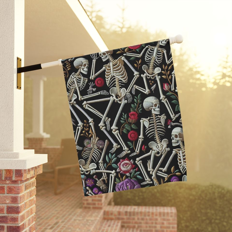 Skeletons, Embroidered Flowers, Halloween, Garden Flag, House Flag