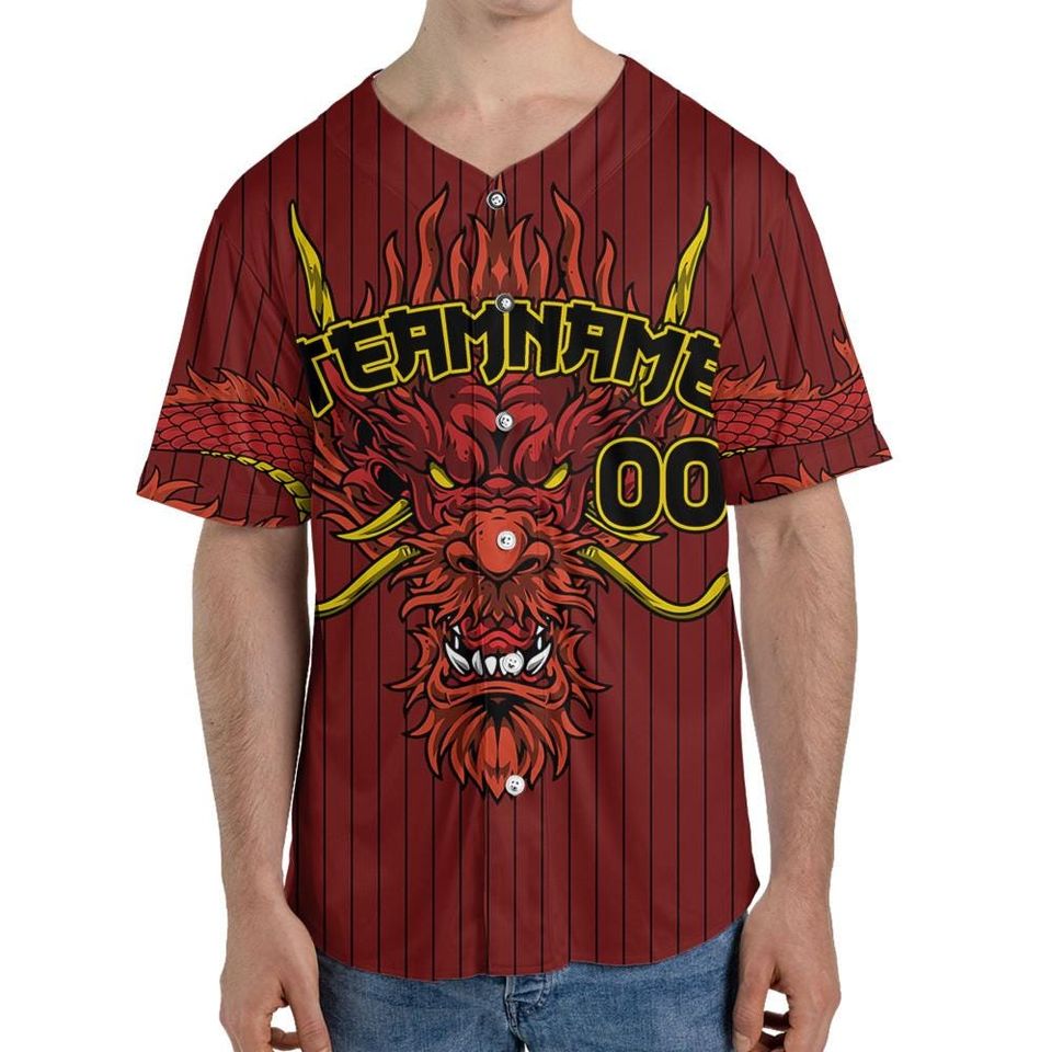 Personalize Team Name Devilish Dragon Striped Maroon Color Baseball Jersey