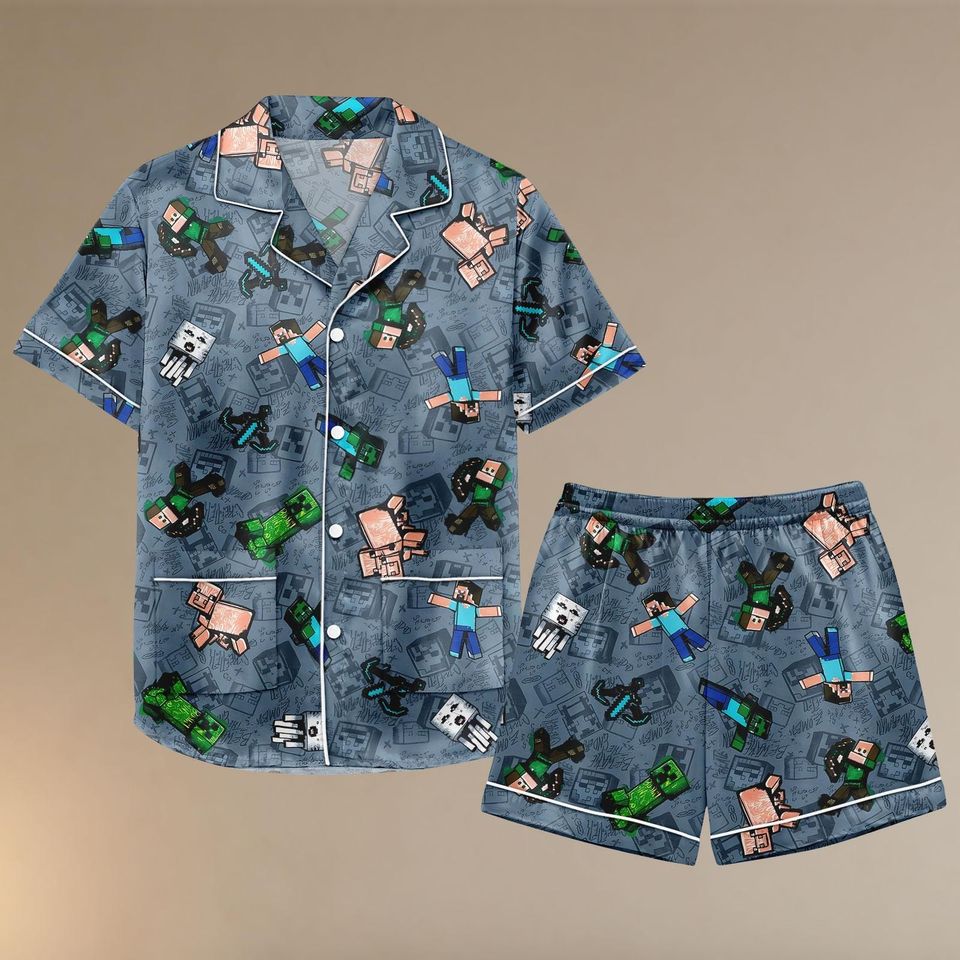 Minecraft Pixel Pajama Set for Kids and Adults with Pocket