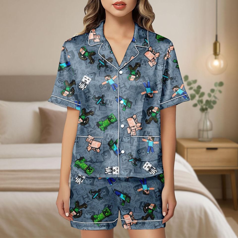 Minecraft Pixel Pajama Set for Kids and Adults with Pocket