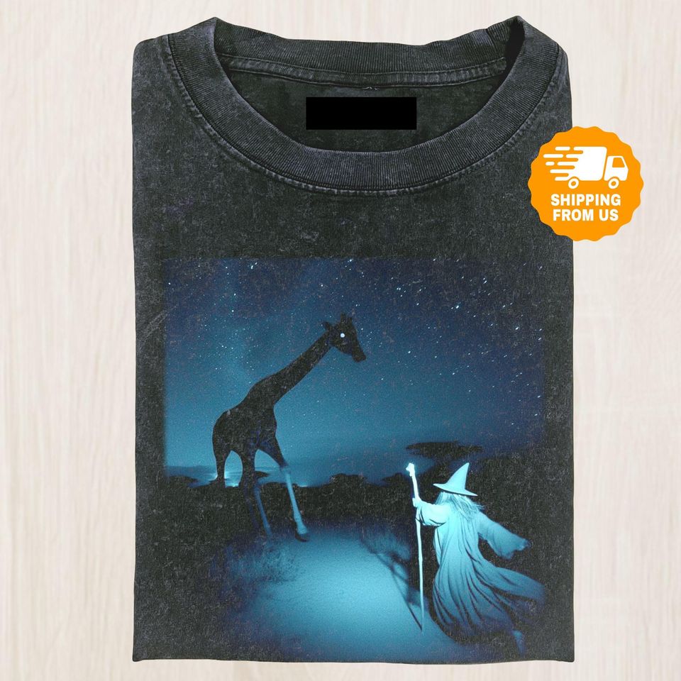 Wizard Meets Giraffe Shirt, Surreal Fantasy Graphic Tee, Magical Starry Night Meme Shirt, Whimsical Wizardcore Gift