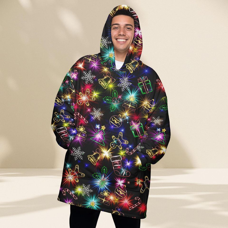Neon Lights Christmas Blanket Hoodie, Festive Glow Holiday Wearable Blanket, Cozy Oodie Style Gift For Women Man Kid, Xmas Gift