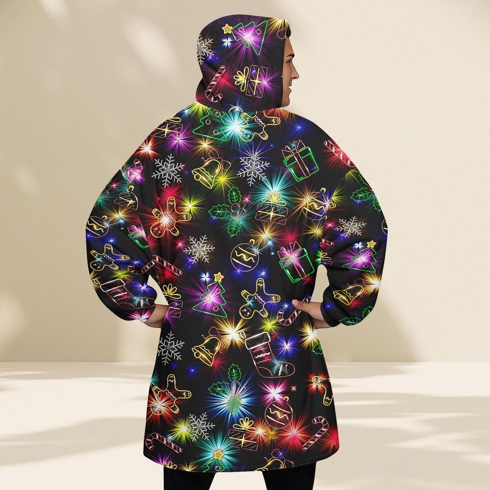 Neon Lights Christmas Blanket Hoodie, Festive Glow Holiday Wearable Blanket, Cozy Oodie Style Gift For Women Man Kid, Xmas Gift