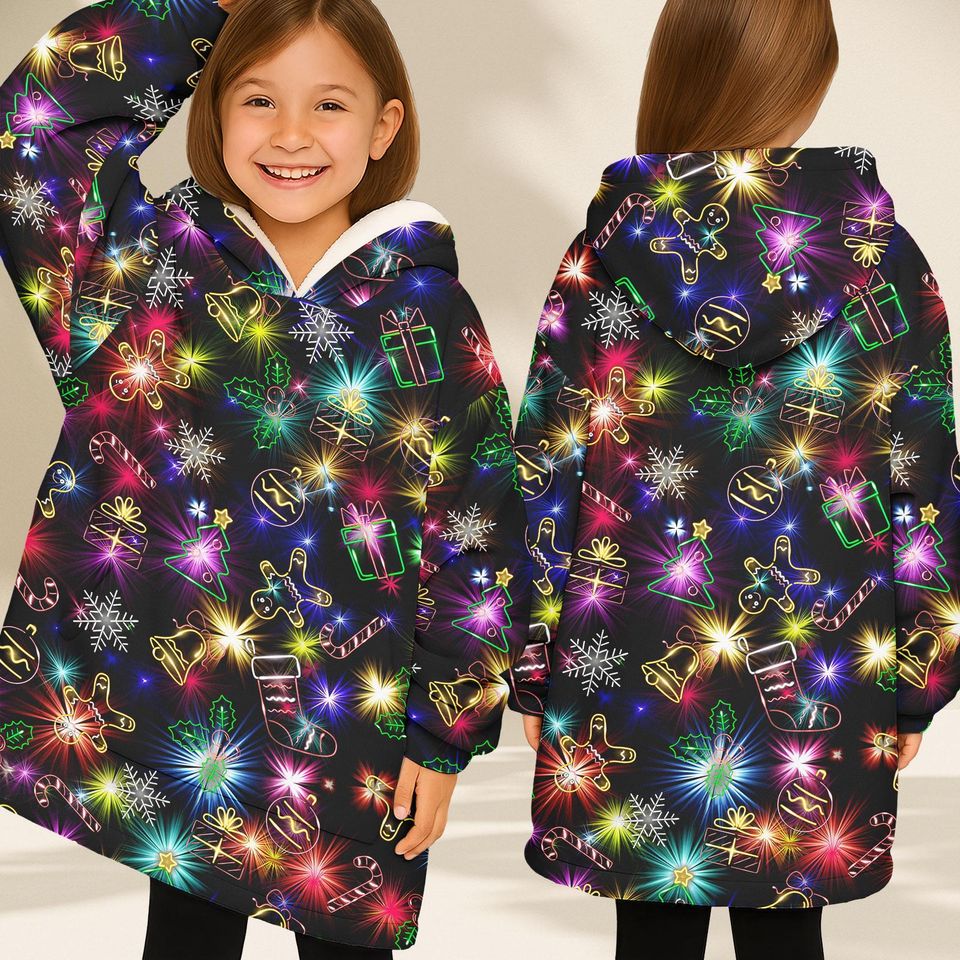 Neon Lights Christmas Blanket Hoodie, Festive Glow Holiday Wearable Blanket, Cozy Oodie Style Gift For Women Man Kid, Xmas Gift