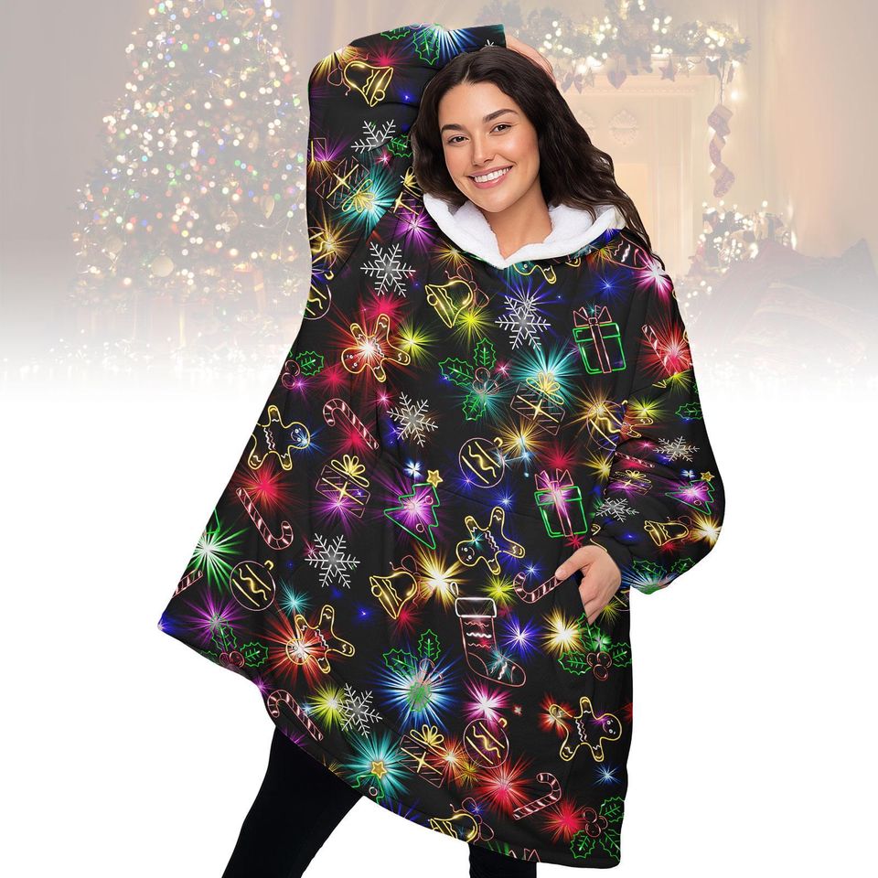 Neon Lights Christmas Blanket Hoodie, Festive Glow Holiday Wearable Blanket, Cozy Oodie Style Gift For Women Man Kid, Xmas Gift