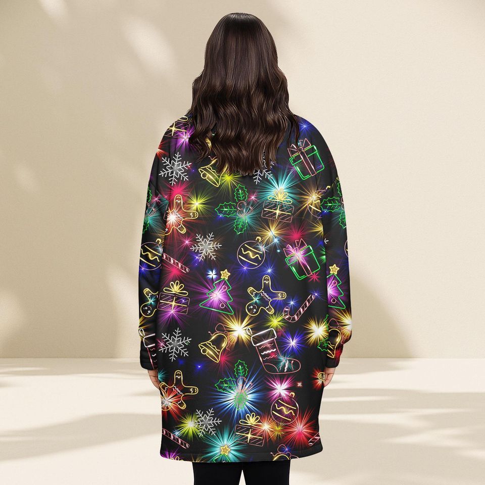 Neon Lights Christmas Blanket Hoodie, Festive Glow Holiday Wearable Blanket, Cozy Oodie Style Gift For Women Man Kid, Xmas Gift