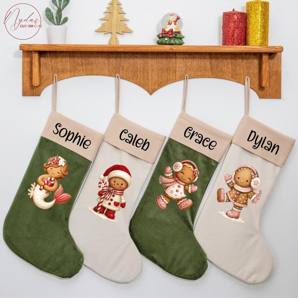 Personalized Christmas Stocking, Custom Velvet Stocking with Name, Gingerbread Stocking, Holiday Decor, Kids Christmas Gift Stocking