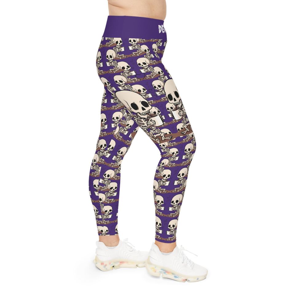 Skeleton Coffee Meeting Purple Leggings, Plus Size Skull Printed Pants