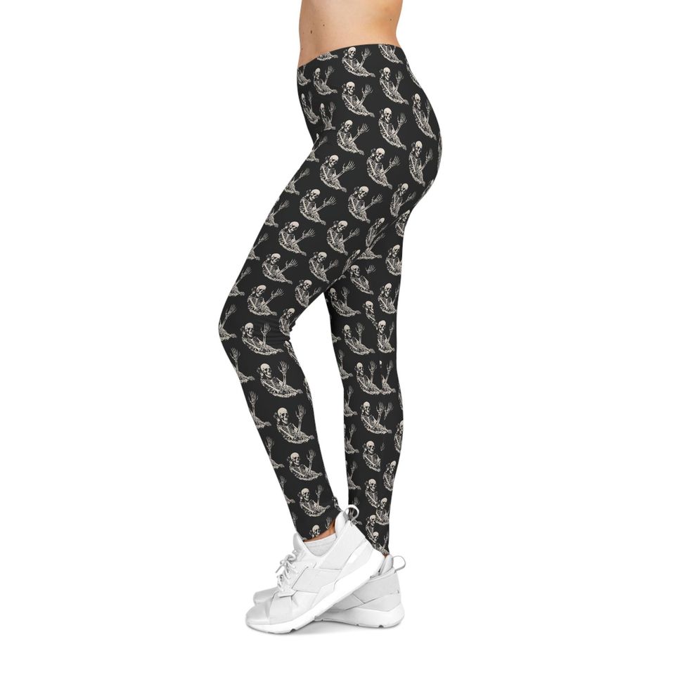 Waving Skeleton Leggings: Gothic Yoga Pants, Halloween Castle Print